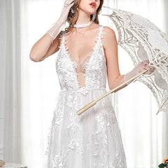 Fashion Sexy Deep V Flower Embroideried Backless Wedding Dress Party Gown Sai Feel