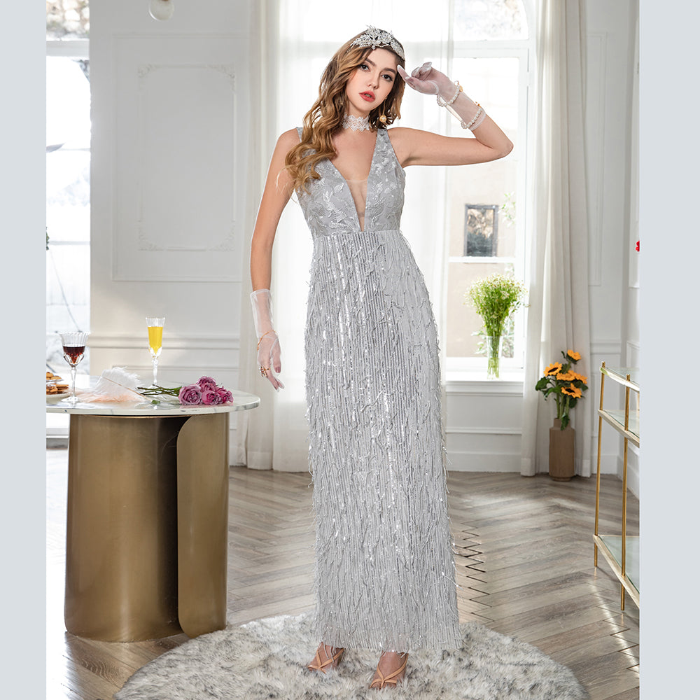 Fashion Sexy Sleeveless V Neck Tassel Sequins Slim Evening Cocktail Party Wedding Dress Sai Feel