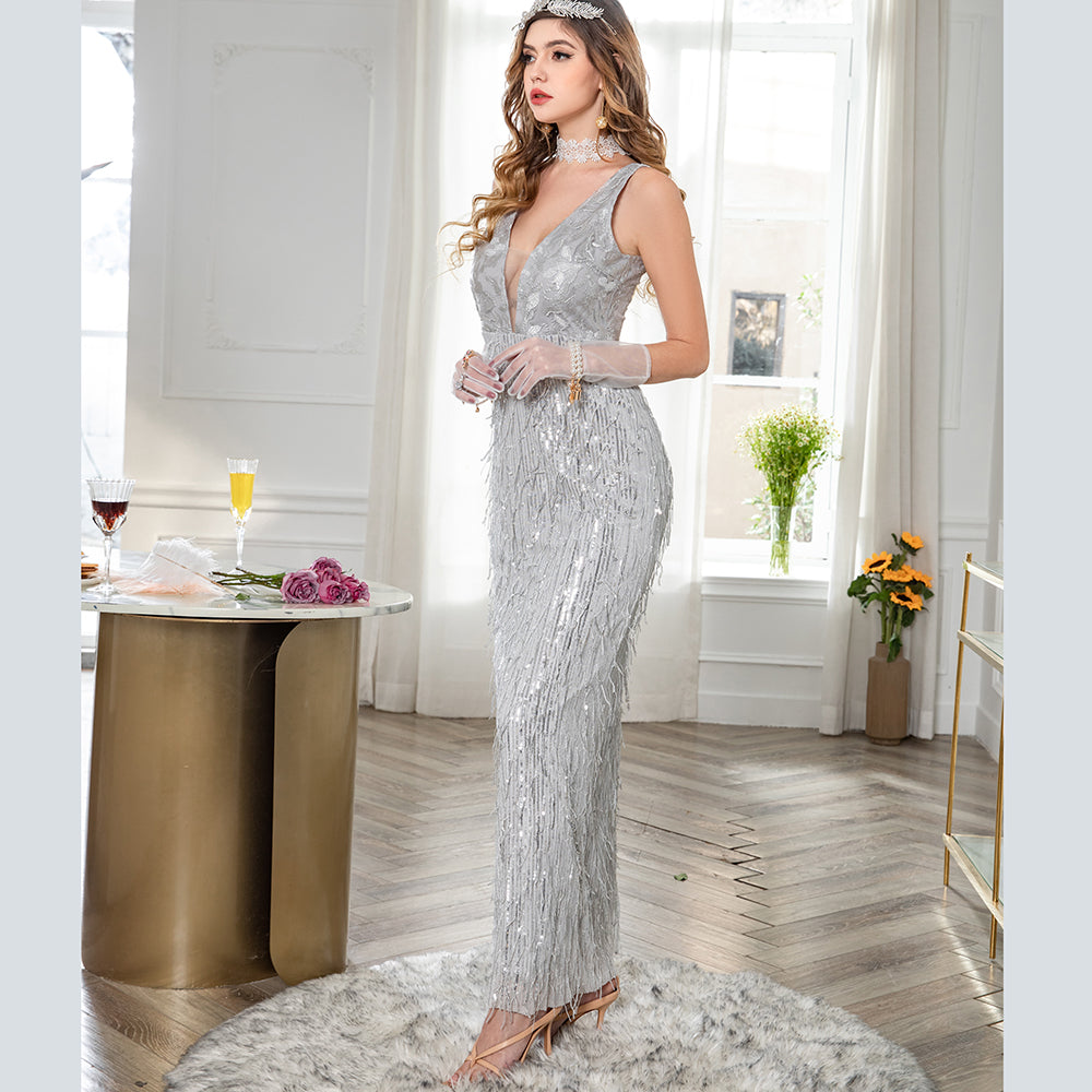 Fashion Sexy Sleeveless V Neck Tassel Sequins Slim Evening Cocktail Party Wedding Dress Sai Feel