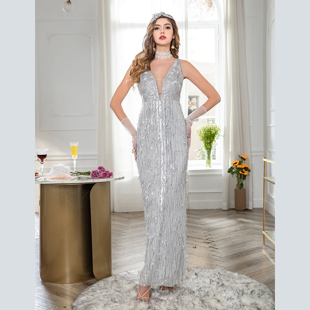 Fashion Sexy Sleeveless V Neck Tassel Sequins Slim Evening Cocktail Party Wedding Dress Sai Feel