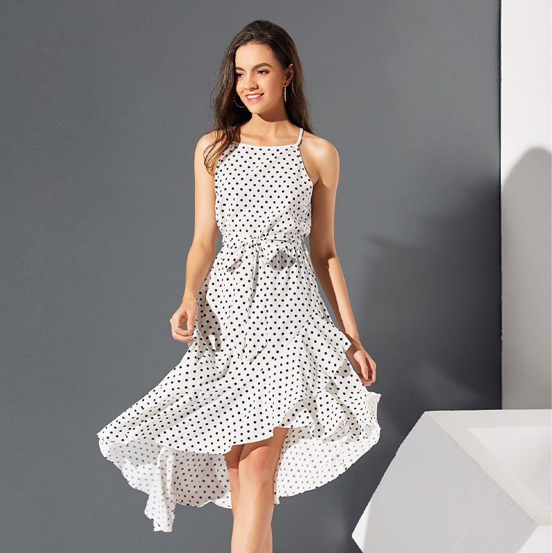 Fashion Sleeveless Off Shoulder Dot Printing  Irregular Hem Belt Waist Dresses Sai Feel