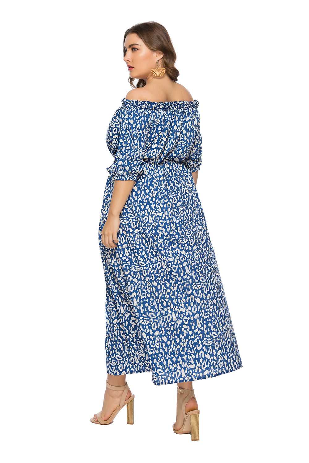 Fashion Srping Summer shoulder less collar leopard print split large size dress beach holiday long skirt plus size Sai Feel
