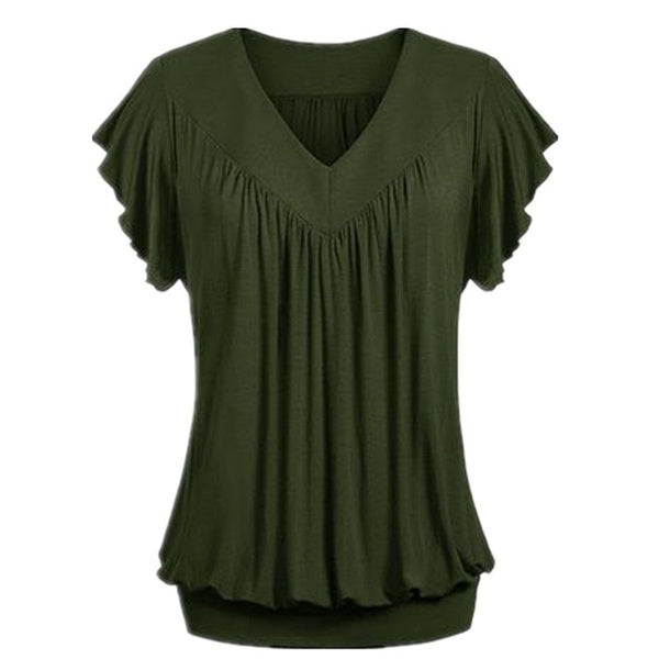 Fashion Summer Solid Color Loose V-neck Short Sleeves Shirt Tops Plus Size S-3XL Sai Feel