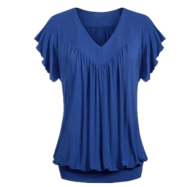 Fashion Summer Solid Color Loose V-neck Short Sleeves Shirt Tops Plus Size S-3XL Sai Feel