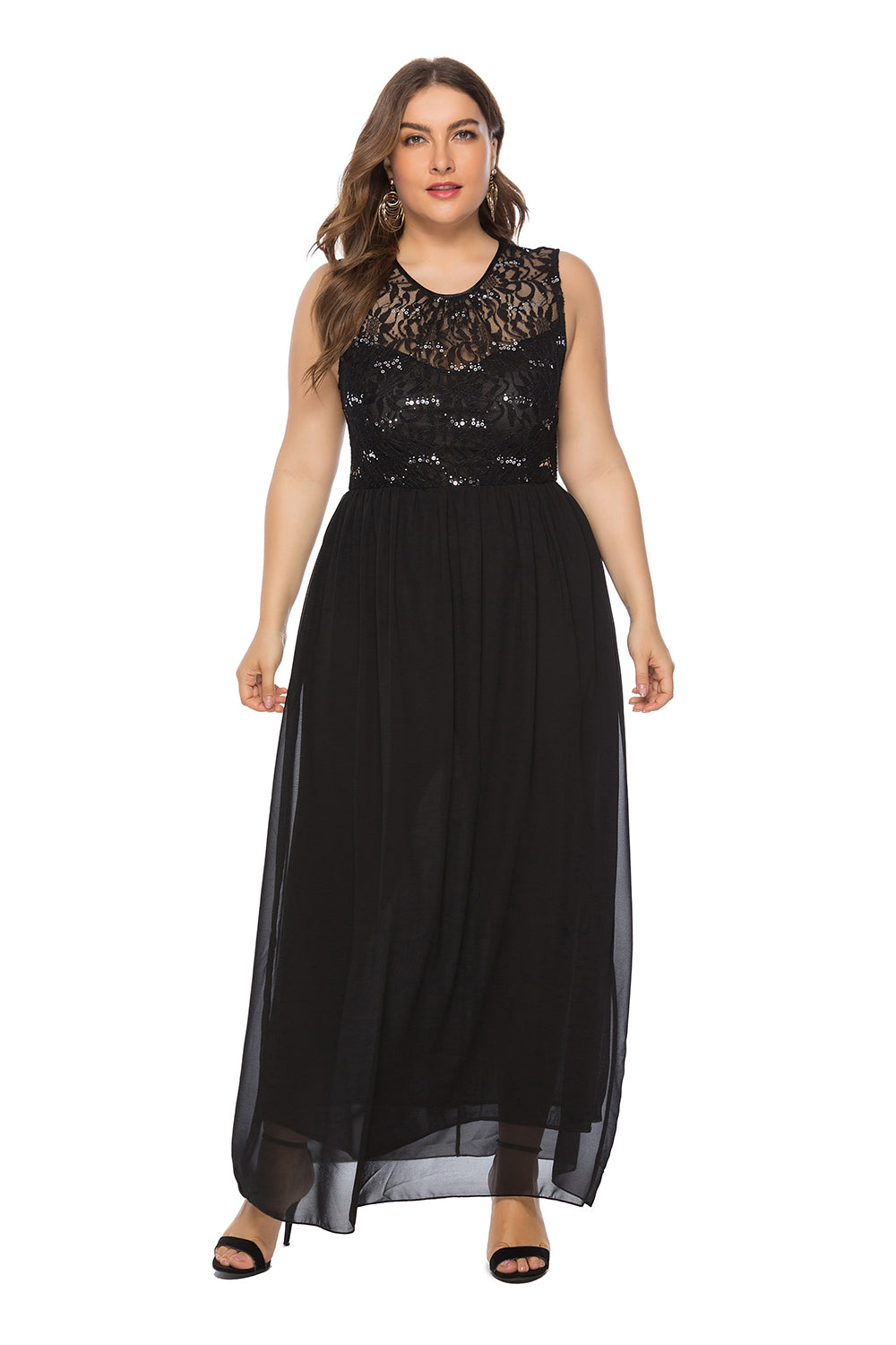 Fashion Summer new plus size large size women's sleeveless sequin lace chiffon stitching dress Sai Feel