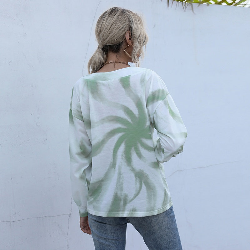 Fashion V-neck Tie-dye Gradient Women Sweatshirts Long Sleeve Loose Autumn T-shirt Bottoming Tops Sai Feel