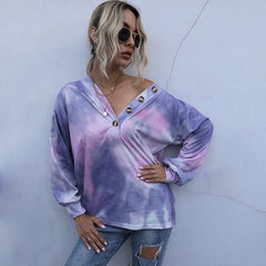 Fashion V-neck Tie-dye Gradient Women Sweatshirts Long Sleeve Loose Autumn T-shirt Bottoming Tops Sai Feel