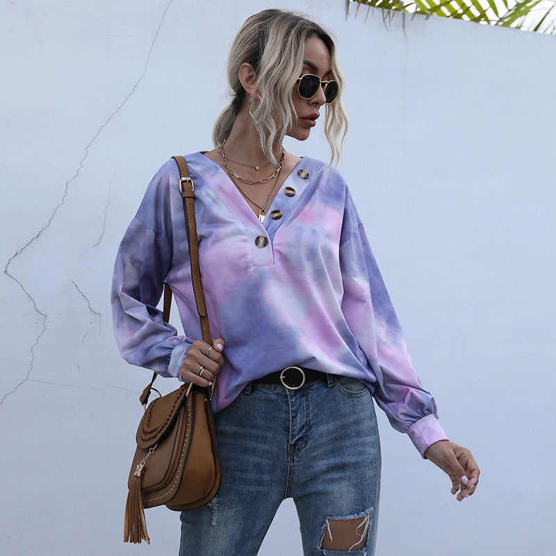 Fashion V-neck Tie-dye Gradient Women Sweatshirts Long Sleeve Loose Autumn T-shirt Bottoming Tops Sai Feel