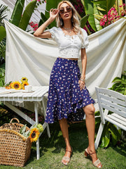Fashion Women Flower Printing Ruffle Corrugated Dress Skirt Sai Feel