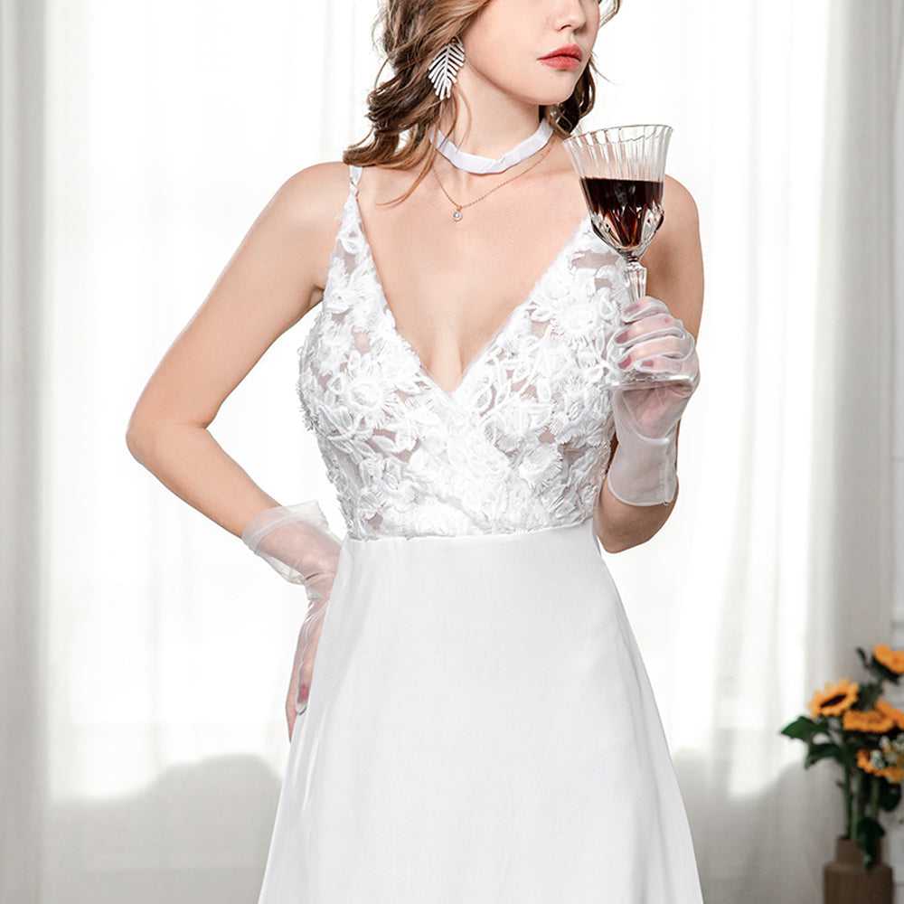 Fashion Women Lace Flower Embroideried Sleeveless Chiffon Wedding Party Dress Sai Feel