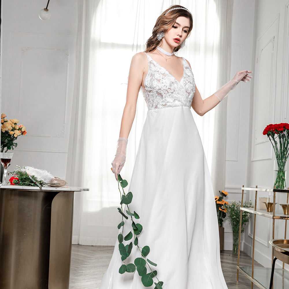 Fashion Women Lace Flower Embroideried Sleeveless Chiffon Wedding Party Dress Sai Feel