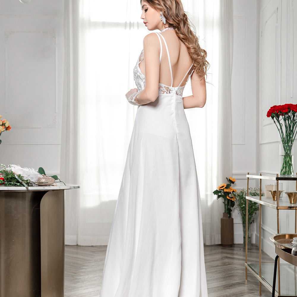 Fashion Women Lace Flower Embroideried Sleeveless Chiffon Wedding Party Dress Sai Feel