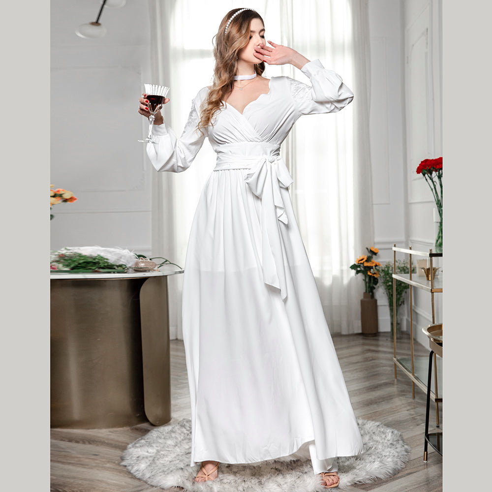 Fashion Women Long Sleeve Party Dress Long Style Mid-waisted Backless Chiffon Dress Sai Feel