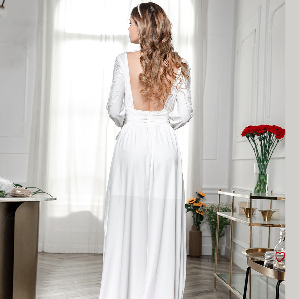 Fashion Women Long Sleeve Party Dress Long Style Mid-waisted Backless Chiffon Dress Sai Feel