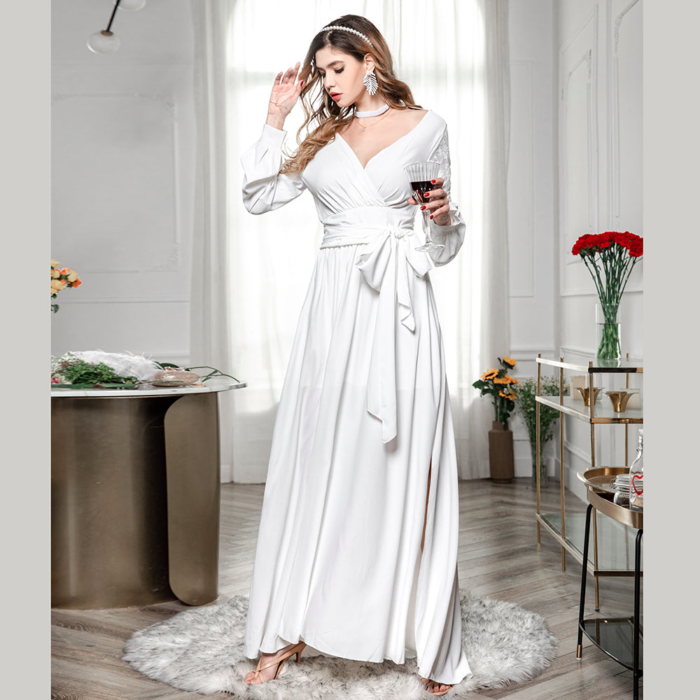 Fashion Women Long Sleeve Party Dress Long Style Mid-waisted Backless Chiffon Dress Sai Feel