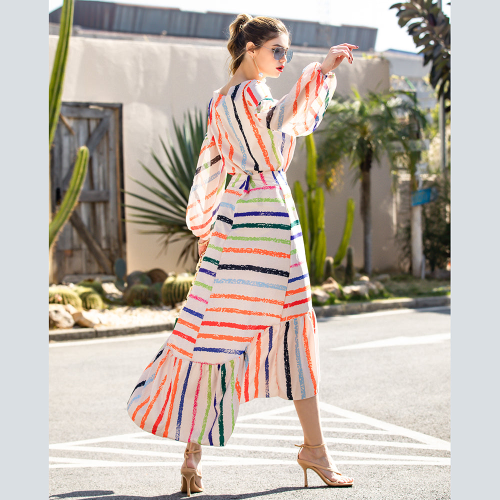 Fashion Women Puff Sleeve Colorful Striped blouse irregular fishtail Mermaid Skirt Set Sai Feel