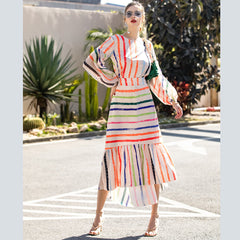 Fashion Women Puff Sleeve Colorful Striped blouse irregular fishtail Mermaid Skirt Set Sai Feel