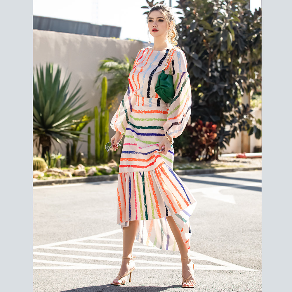 Fashion Women Puff Sleeve Colorful Striped blouse irregular fishtail Mermaid Skirt Set Sai Feel