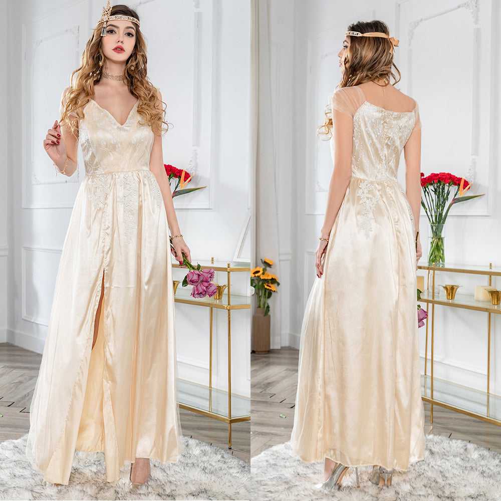 Fashion Women Sexy V Neck Split Wedding Lace Flower Embroideried Dress Sai Feel