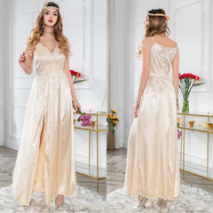 Fashion Women Sexy V Neck Split Wedding Lace Flower Embroideried Dress Sai Feel
