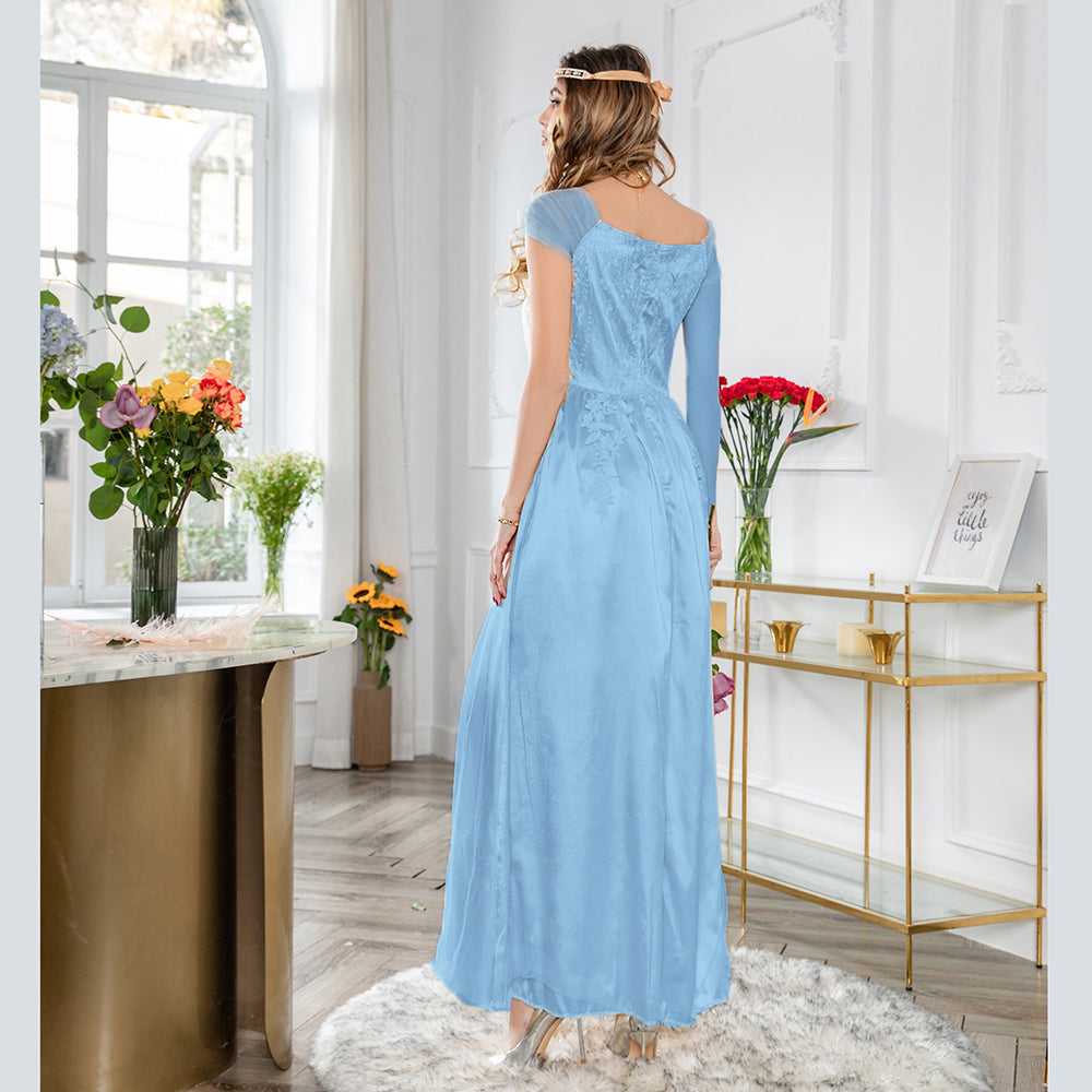 Fashion Women Sexy V Neck Split Wedding Lace Flower Embroideried Dress Sai Feel