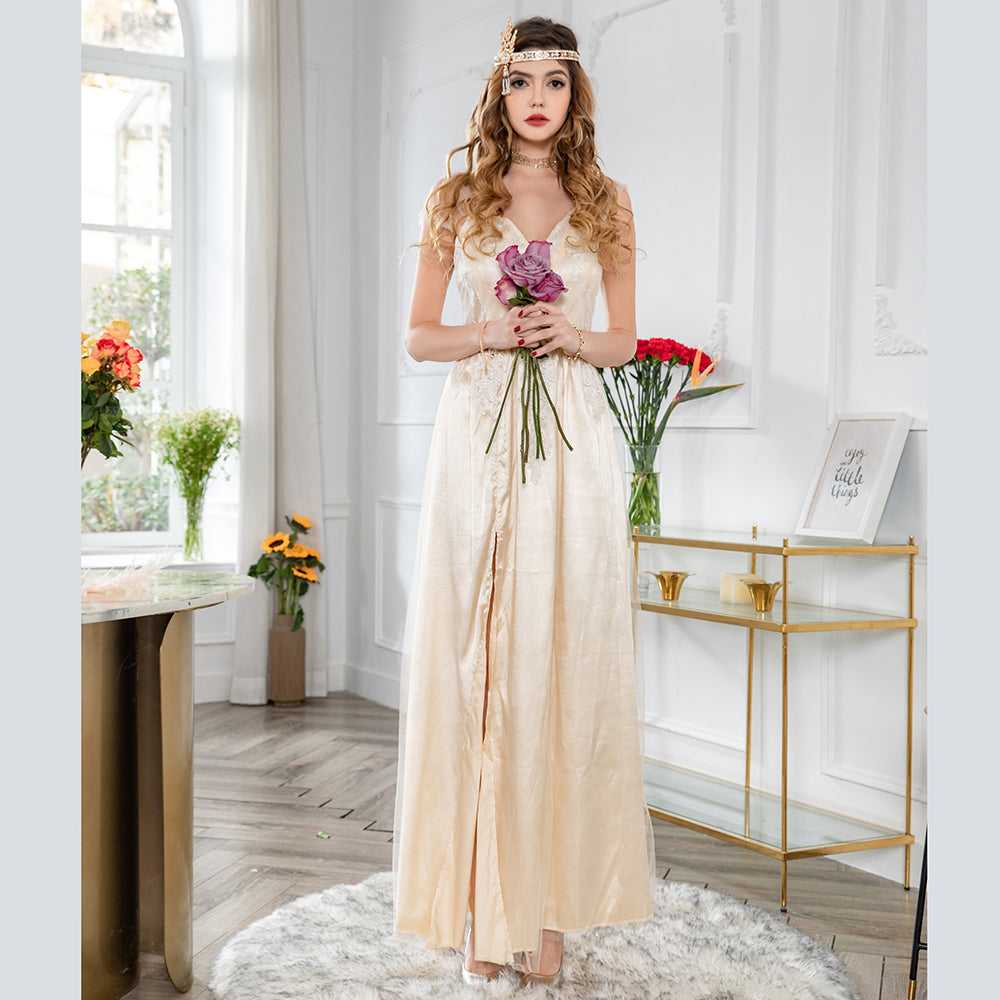 Fashion Women Sexy V Neck Split Wedding Lace Flower Embroideried Dress Sai Feel