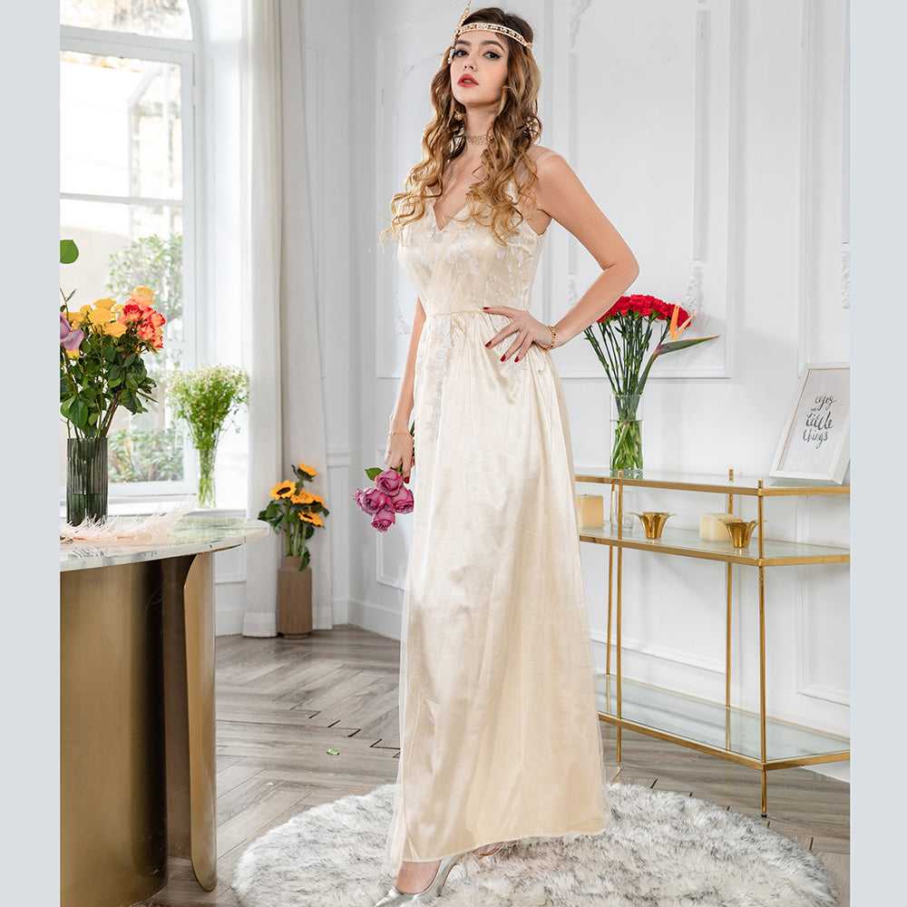 Fashion Women Sexy V Neck Split Wedding Lace Flower Embroideried Dress Sai Feel