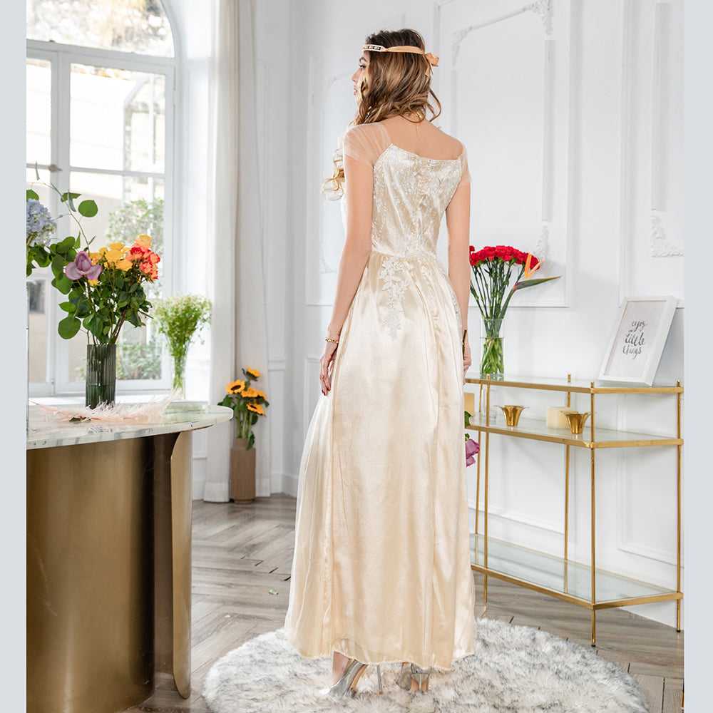 Fashion Women Sexy V Neck Split Wedding Lace Flower Embroideried Dress Sai Feel