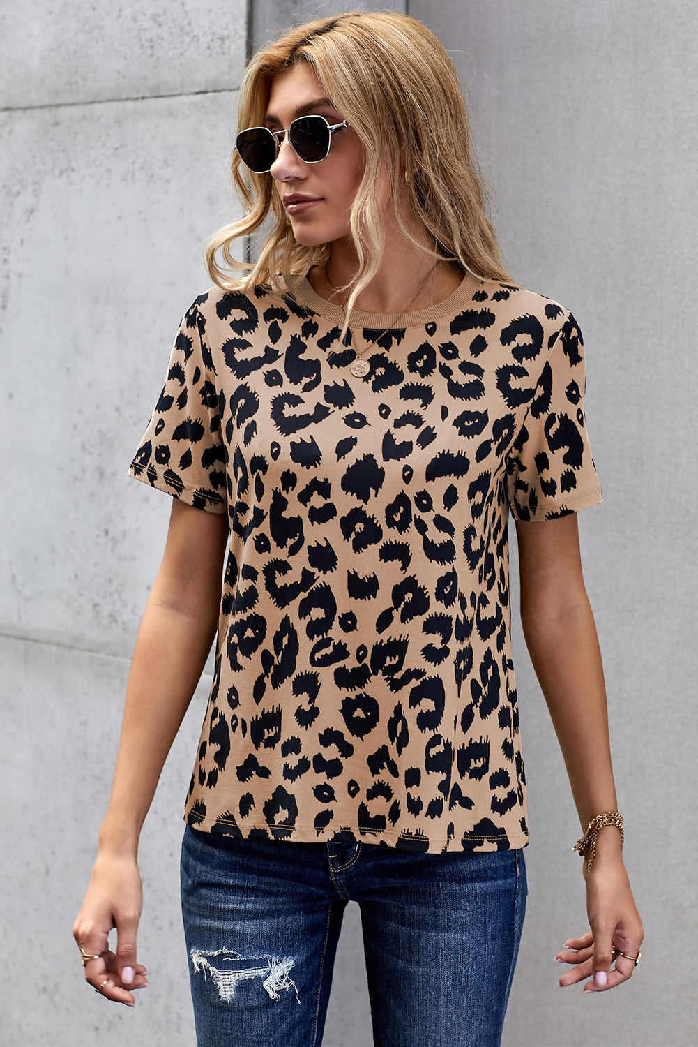 Fashion Women Short Sleeve Crew Neck Leopard Print Basic T-shirt Sai Feel
