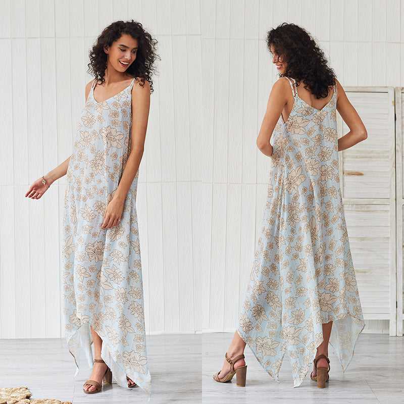 Fashion Women Sleeveless Floral Print Irregular Hem Maxi Long Dress Summer Bohemian Dress Sai Feel