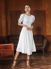 Fashion Women Solid Color Slim Sexy Big Swing Short Sleeve Middle Dress Sai Feel