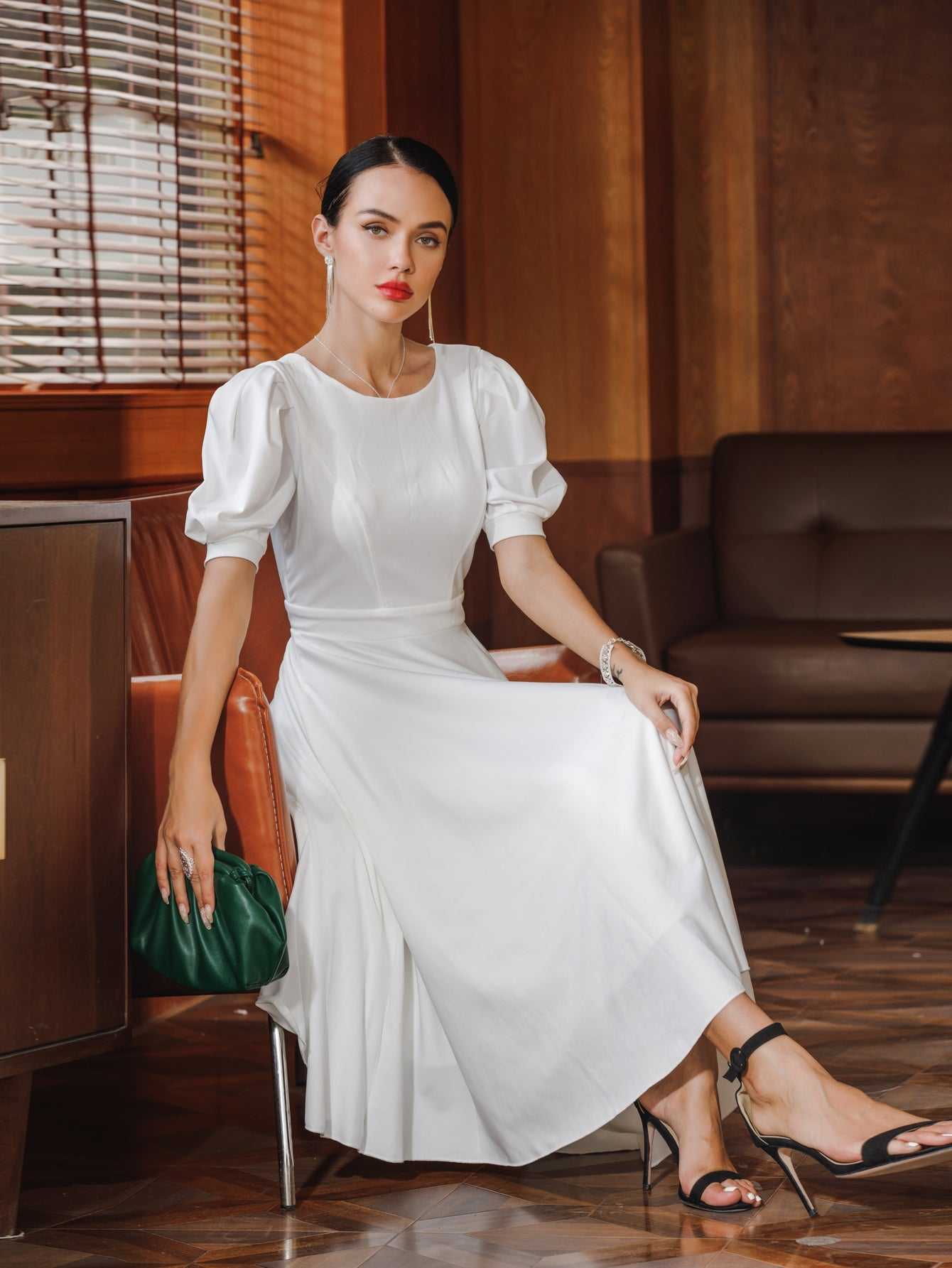 Fashion Women Solid Color Slim Sexy Big Swing Short Sleeve Middle Dress Sai Feel