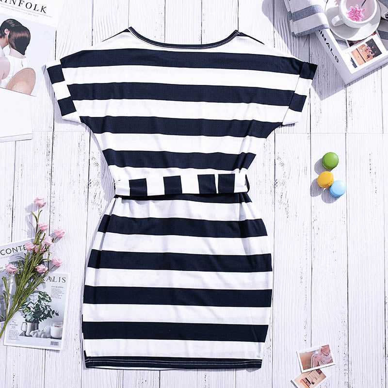 Fashion Women Stripes Pocketed T-shirt Dress with Belt Sai Feel
