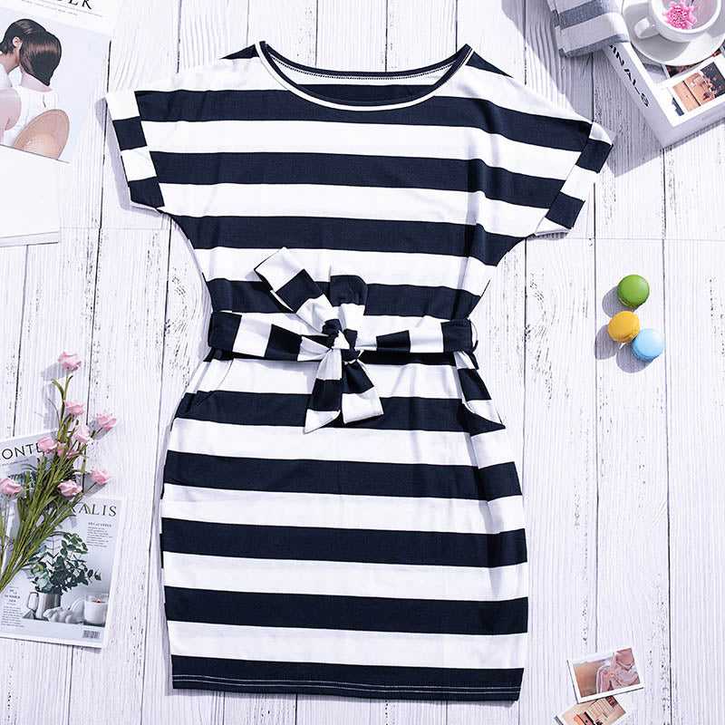 Fashion Women Stripes Pocketed T-shirt Dress with Belt Sai Feel