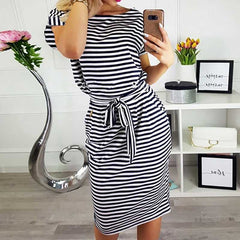 Fashion Women Stripes Pocketed T-shirt Dress with Belt Sai Feel