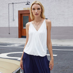 Fashion Women Summer V-neck Solid Color Cross Border Loose Sleeveless Cami Shirt Sai Feel