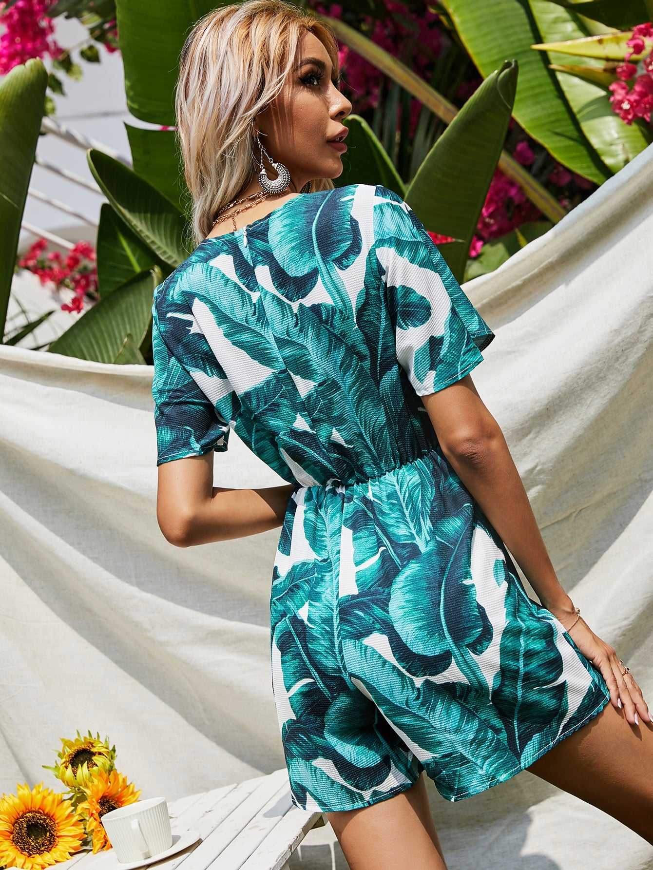 Fashion Women V Neck Green Plant Printing Short Sleeve Dress Skirt Sai Feel