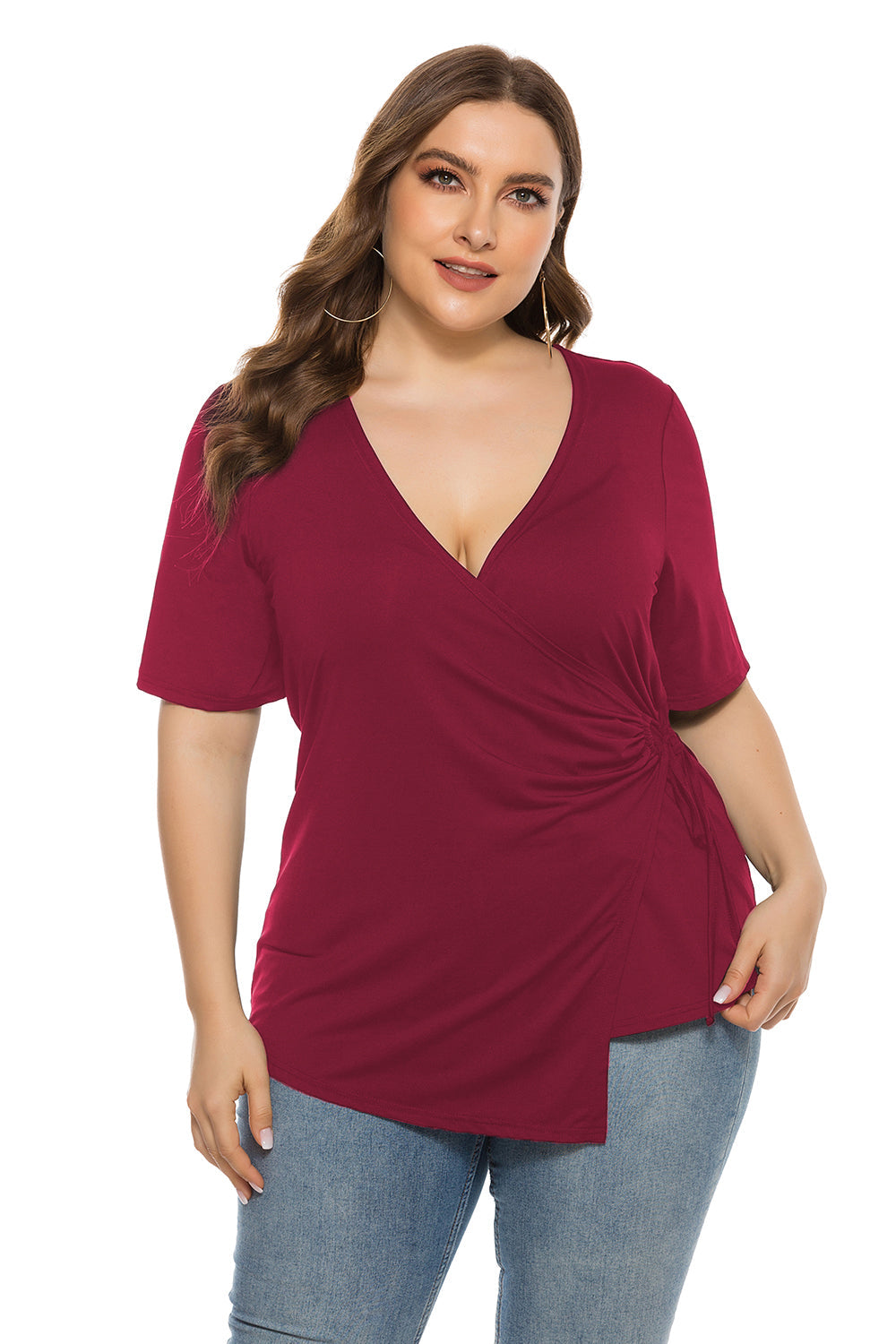 Fashion Women's Summer New Pure solid Color Top Plus Size V Neck Strappy Shirt Blouse Sai Feel