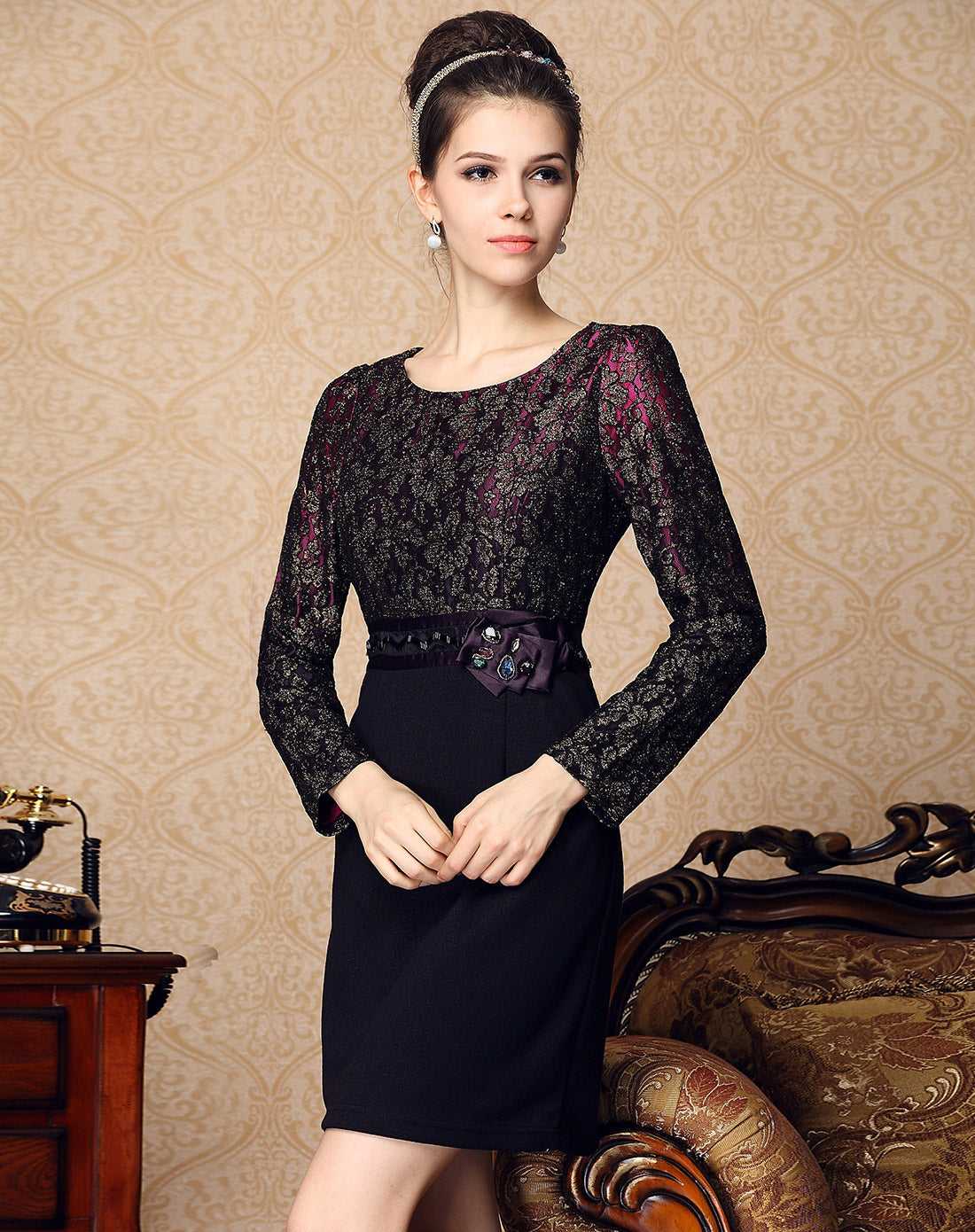 Fashion Women's elegant temperament dress lace stitching slim long-sleeved dress autumn Sai Feel