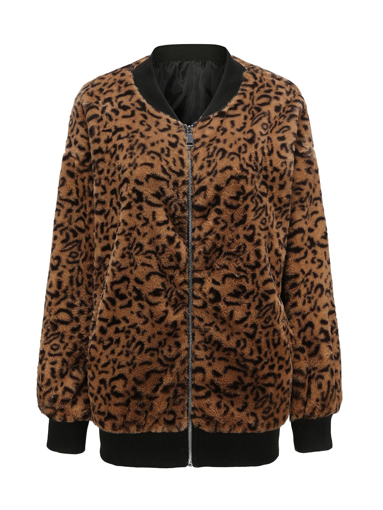 Faux Fur Leopard Slant Pockets Coat Sai Feel