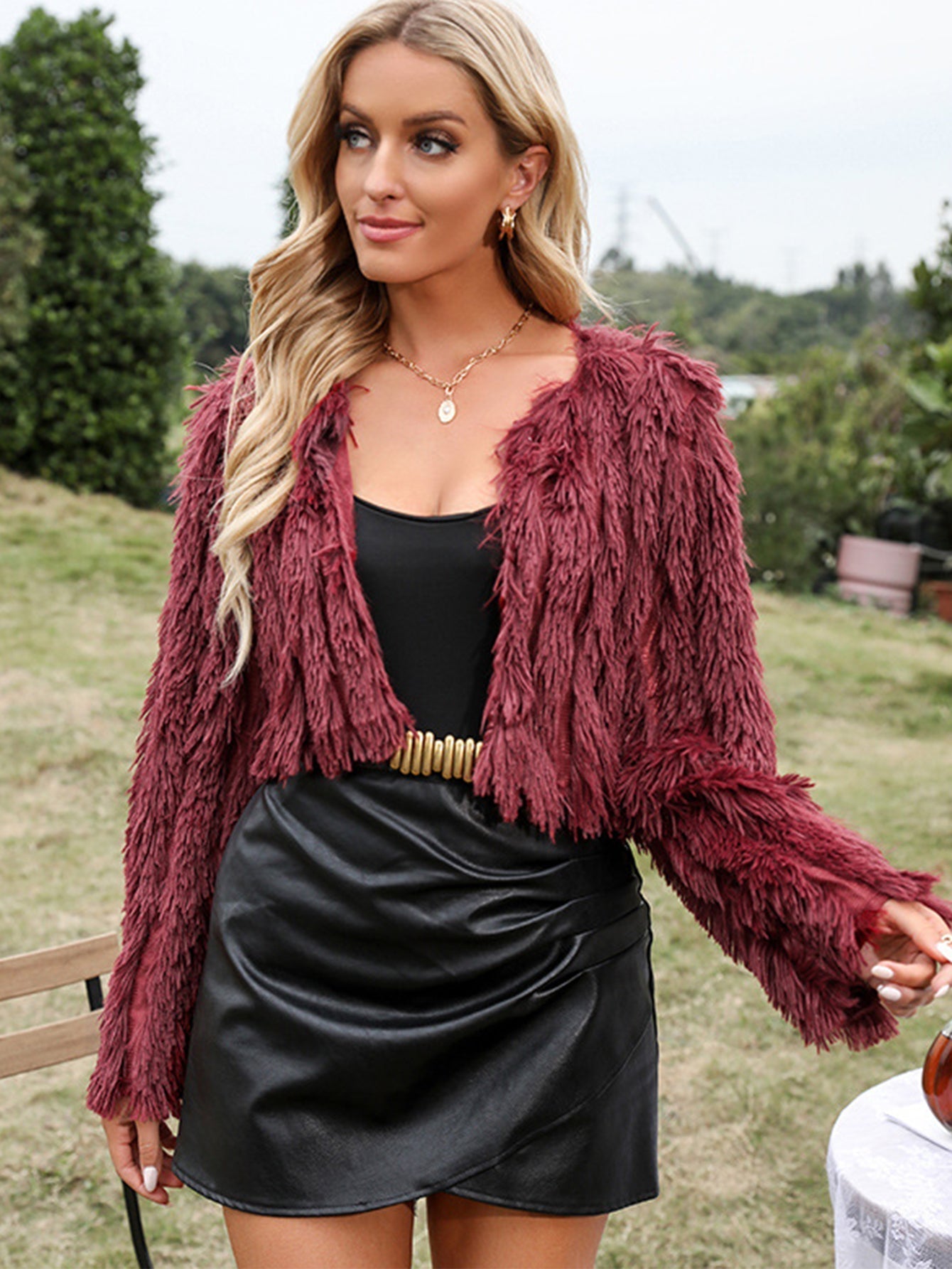 Faux Fur Plush Open Front Crop Coat Sai Feel