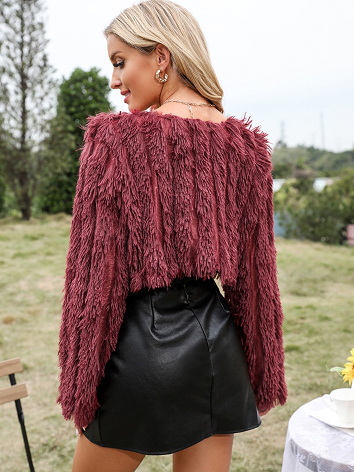 Faux Fur Plush Open Front Crop Coat Sai Feel