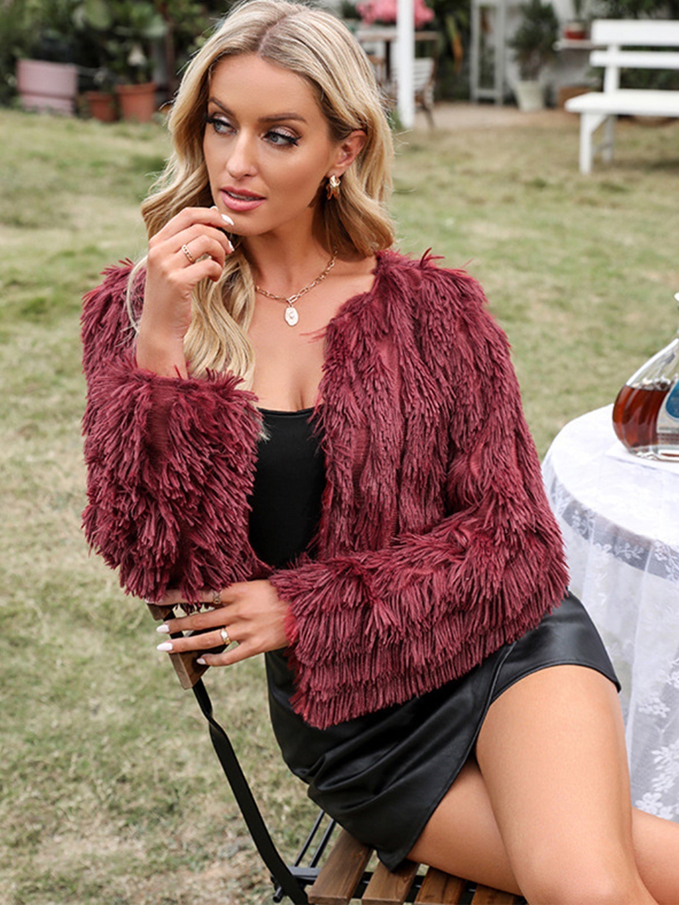 Faux Fur Plush Open Front Crop Coat Sai Feel