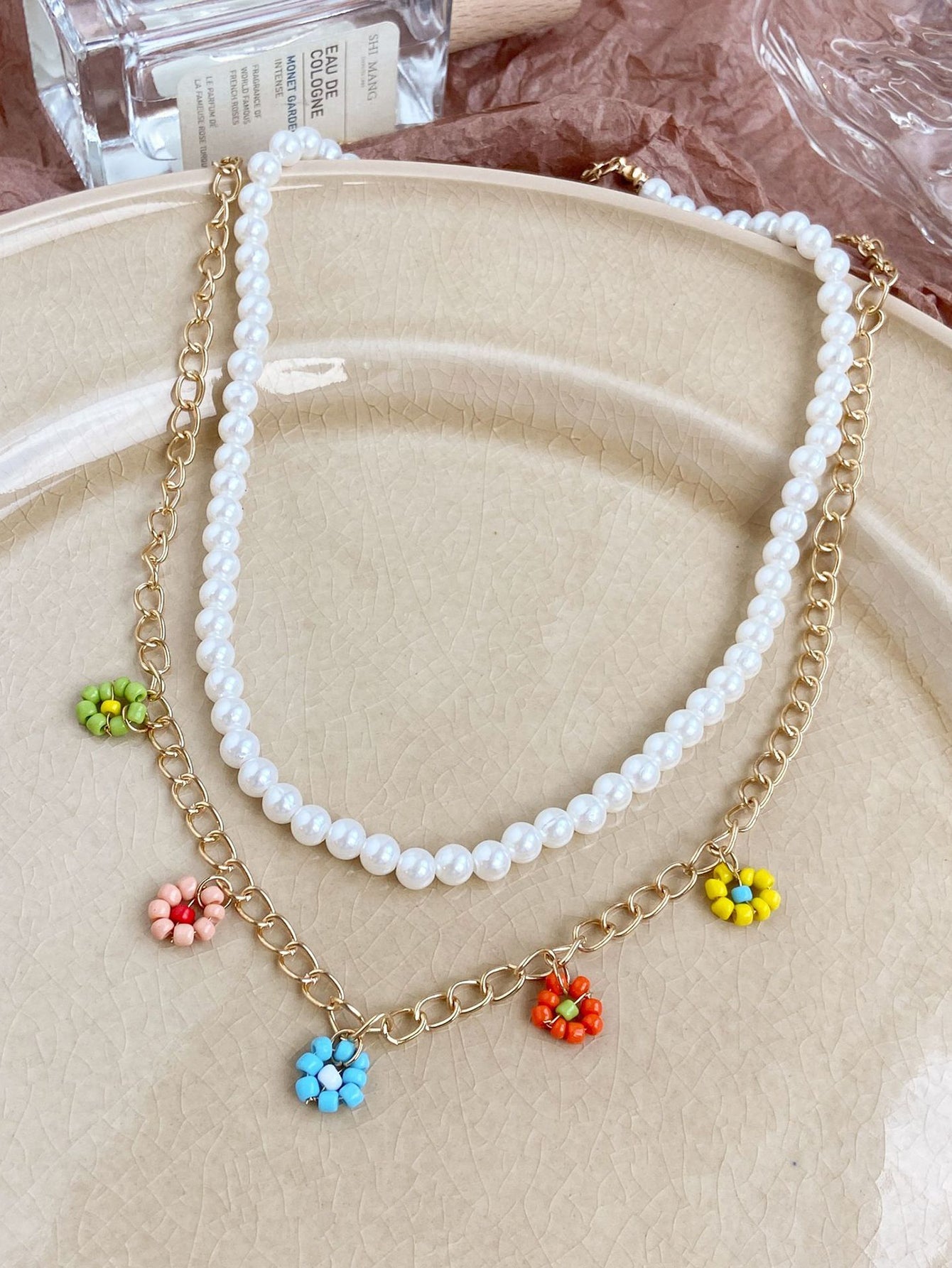 Faux Pearl Boho style flower necklace Sai Feel