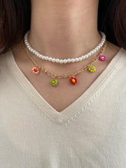 Faux Pearl Boho style flower necklace Sai Feel