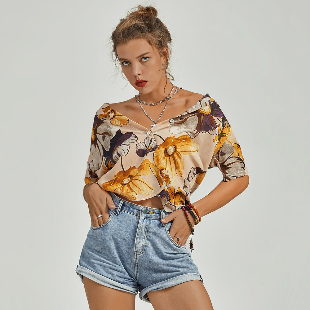 Female New Summer Design Yellow Flower Art Chiffon Short Sleeve V Neck Botton Blouse Shirt Sai Feel