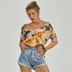 Female New Summer Design Yellow Flower Art Chiffon Short Sleeve V Neck Botton Blouse Shirt Sai Feel