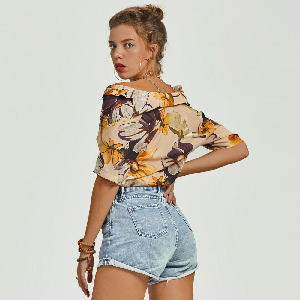 Female New Summer Design Yellow Flower Art Chiffon Short Sleeve V Neck Botton Blouse Shirt Sai Feel