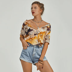 Female New Summer Design Yellow Flower Art Chiffon Short Sleeve V Neck Botton Blouse Shirt Sai Feel