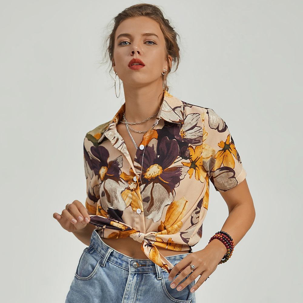 Female New Summer Design Yellow Flower Art Chiffon Short Sleeve V Neck Botton Blouse Shirt Sai Feel